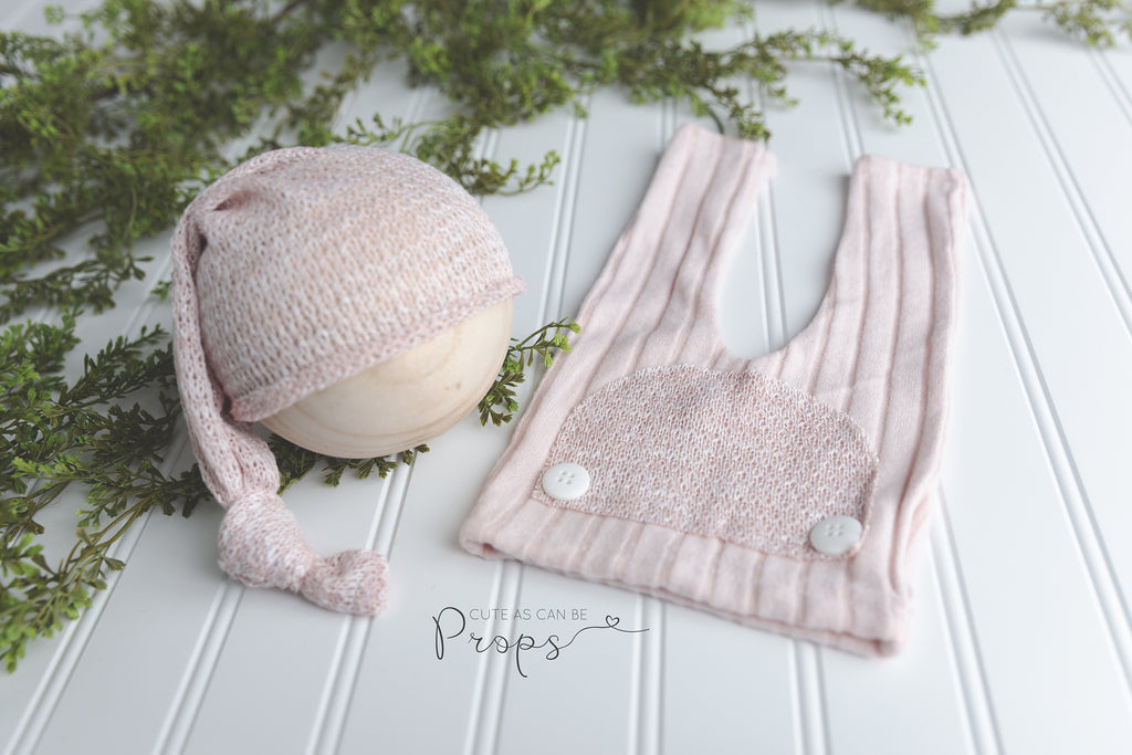 newborn dusty pink pants with speckled sleepy hat