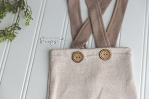 light oatmeal and tan newborn pants with suspenders