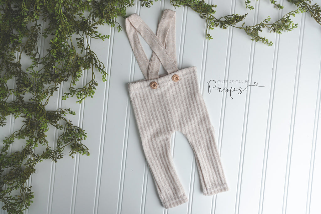 light oatmeal newborn pants with suspenders