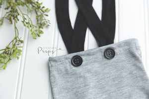 newborn black suspenders with gray pants