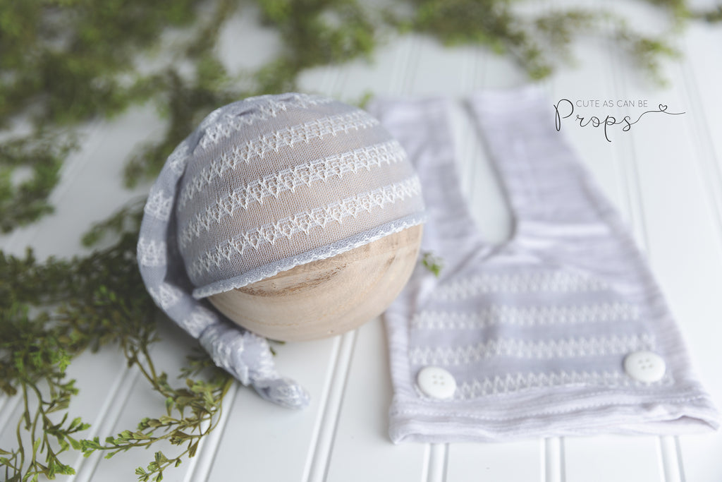 light blue and gray newborn pants with striped sleepy hat