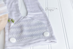 light blue and gray newborn pants with striped sleepy hat