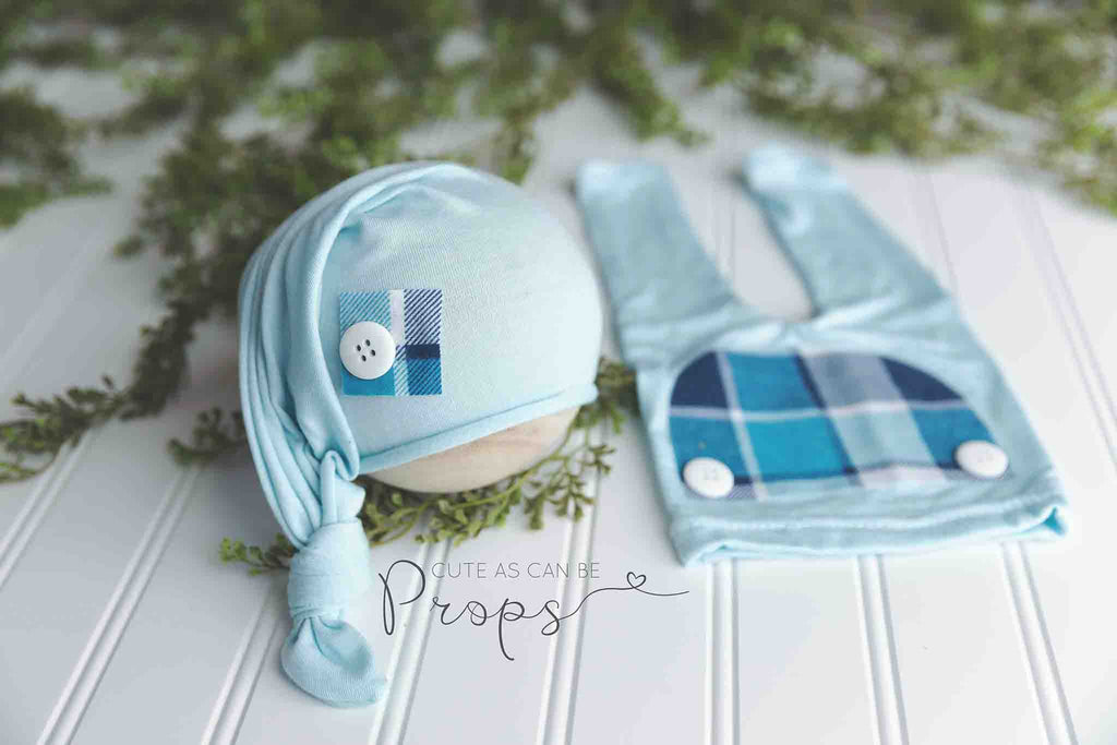 baby blue plaid newborn pants with sleepy hat