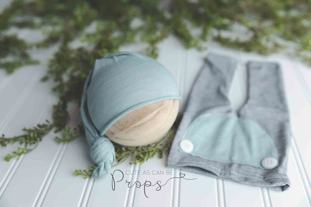 gray newborn pants with aqua sleepy hat