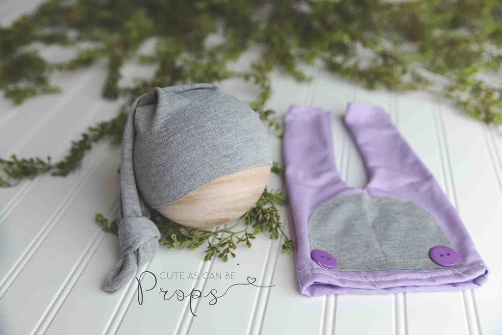 lavender newborn pants with gray sleepy hat
