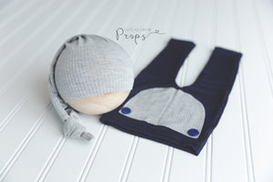 navy and gray newborn pants and sleepy hat set