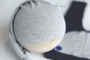 navy and gray newborn pants and sleepy hat set