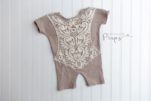 tan with cream lace Sitter romper